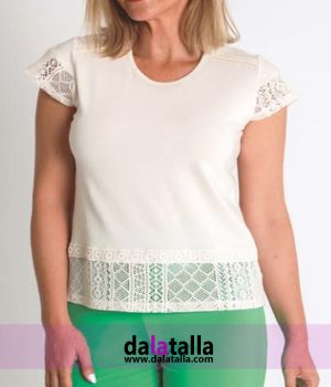 Blusa lisa con detalle de blonda de algodón